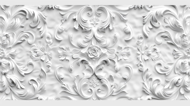 White ornamental plasterwork with floral and swirl elements