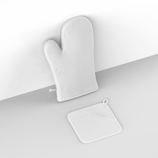 A white oven mitt is on the floor next to a square podium