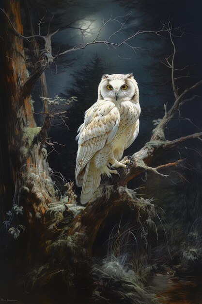 a white owl is sitting on a tree branch