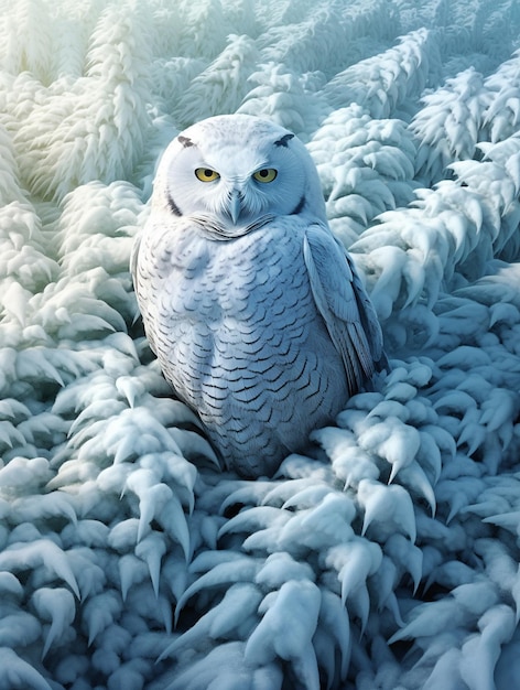 A white owl sits among the white snow.