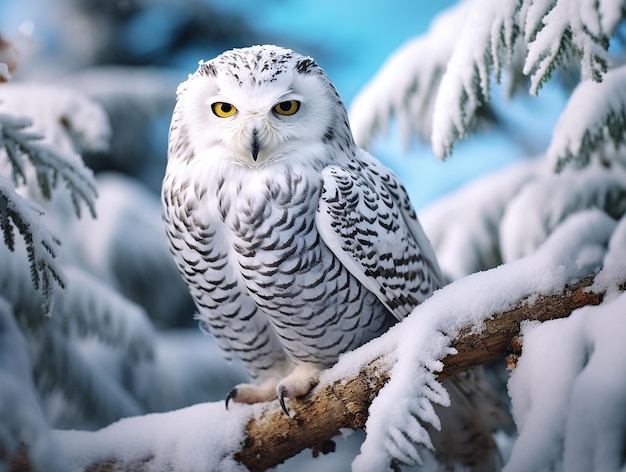 Foto gufo bianco seduto sul ramo nella foresta innevata generato ai