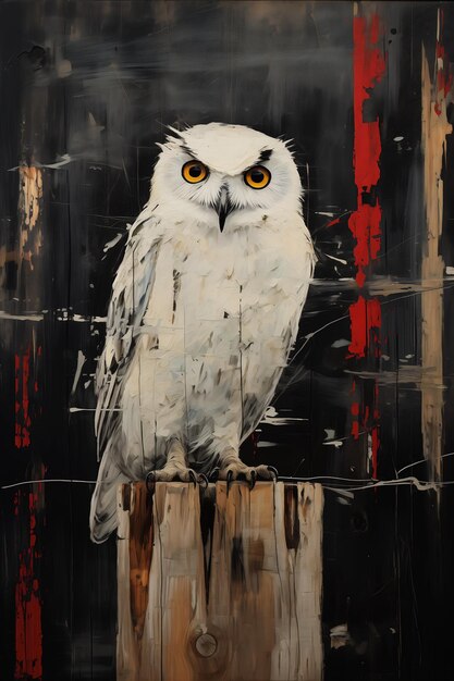 Photo white owl sitting wooden post mat portrait crimson aquiline features tawny frogmouth critically