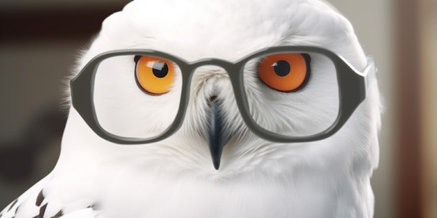 A white owl wearing glasses with a black rim.