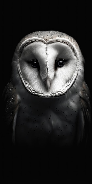 A white owl with black eyes is sitting in the dark.