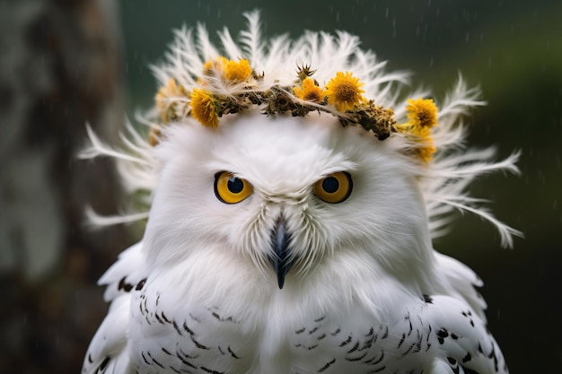 a white owl with a crown of flowers on its head