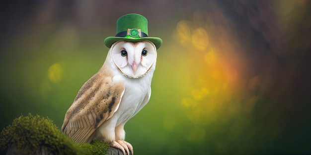 Gufo bianco con cappello verde su sfondo naturale giorno di san patrizio ia generativa