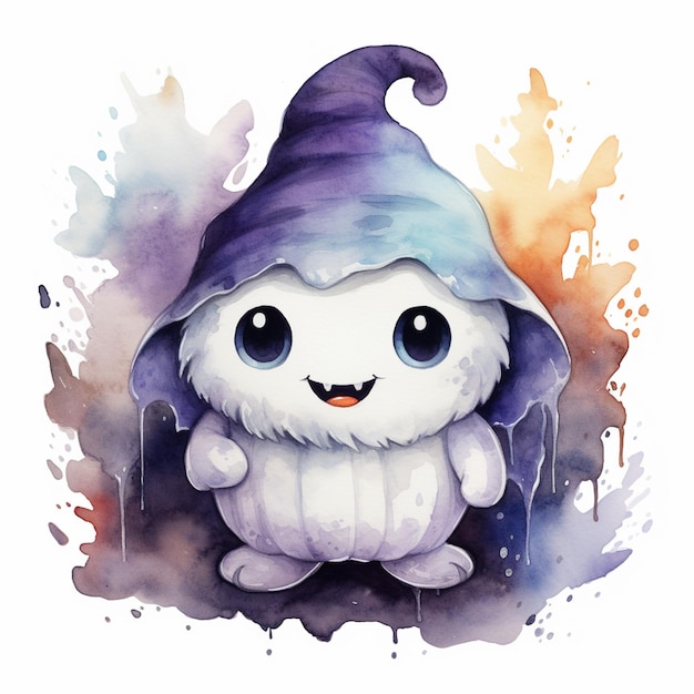 A white owl with a purple hat and purple hat.