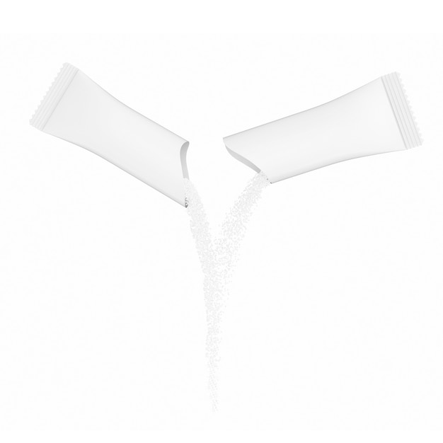 White Package for Sugar Pouring out Raw Sugar Crystals on a white background. 3d Rendering