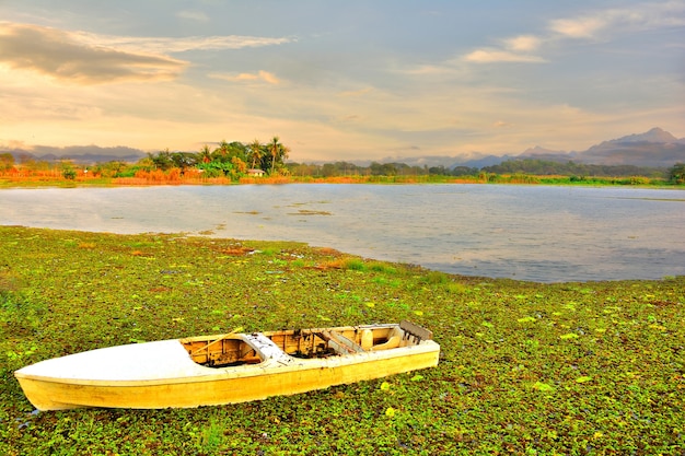 The white paddle boat on the lake has a mountainous background.