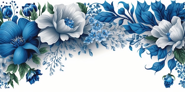 White page with a border of blue painted flowers