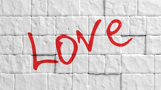 White painted brick wall with red Love word graffiti