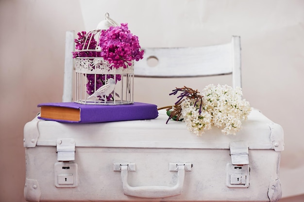 White painted suitcase on a light background with the lilac and purple book decorative birdcage