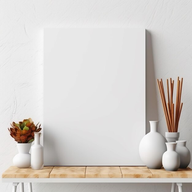 a white painting with a white frame and vases on a table.