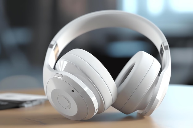 A white pair of headphones on a table with a white background.