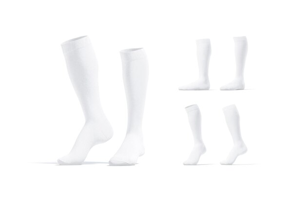 White pair soccer socks toe mockup. Elastic football leggings mock up. Fabric kneehighs.