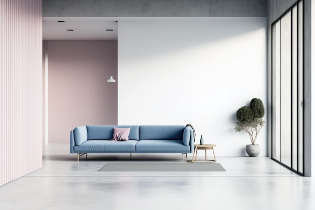 白と淡いピンクのリビング ルームのインテリア、コンクリートの床、青い柔らかいソファ、空白の壁の断片のモックアップ
