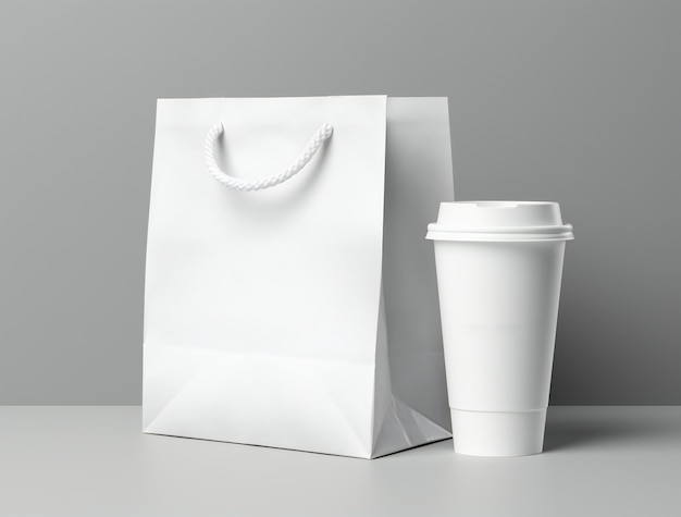 White paper bag and coffee cup on gray background