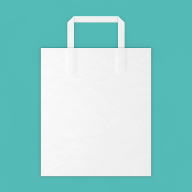 White Paper Bag Mockup with Blank Space for Your Design on a blue background. 3d Rendering