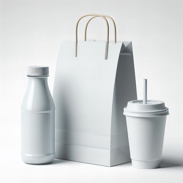 A white paper bag with straw and a white cup with a straw