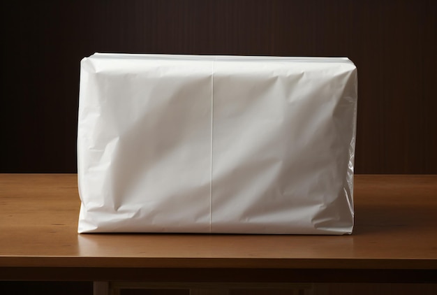 Белый бумажный пакет на деревянном столе перед темным фоном стены