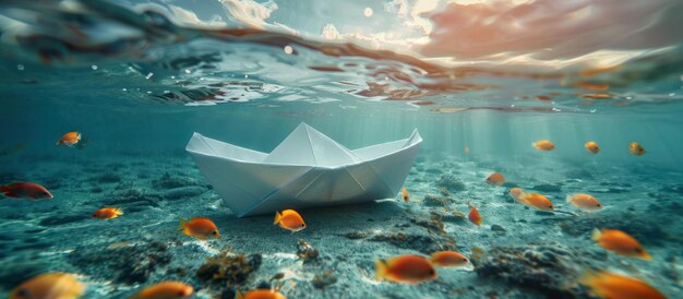 Photo white paper boat floating in ocean