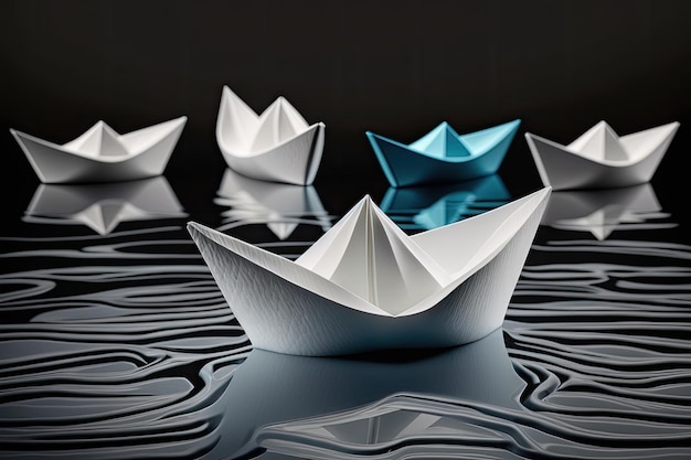 White paper boats follow the blue paper ship as a leadership symbol