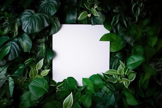 누워 녹색 잎 질감 상위 뷰 배경에 흰색 종이 카드 자연 개념에서 창조적인 레이아웃