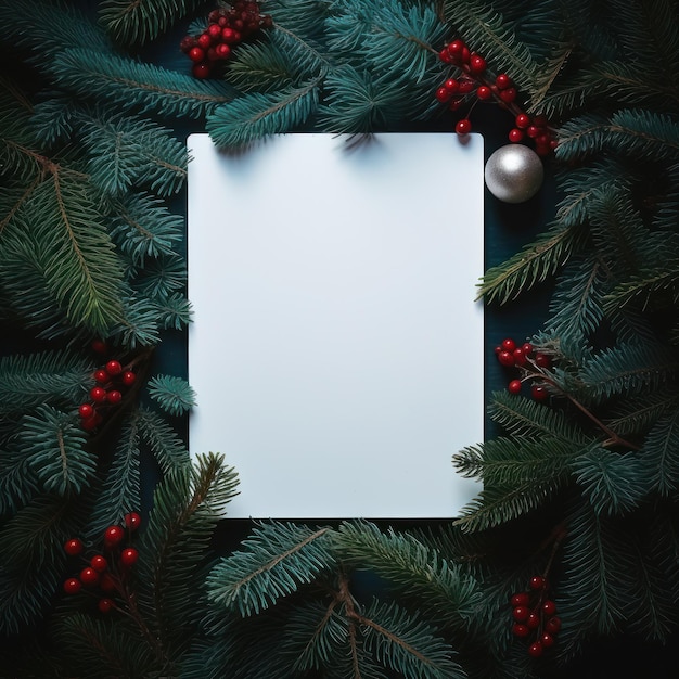 White paper on christmas background covered by fir branches with red