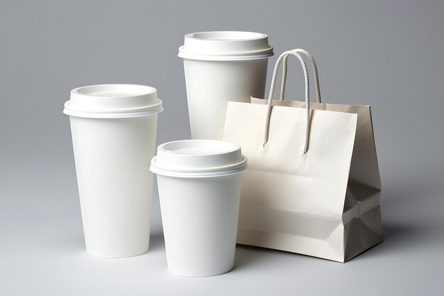 White paper coffee cups and paper bags on grey background Copy space