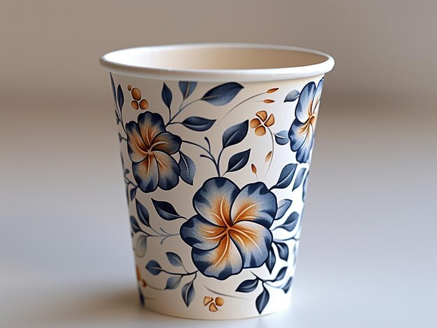 A white paper cup with blue and yellow patterns generated by ai