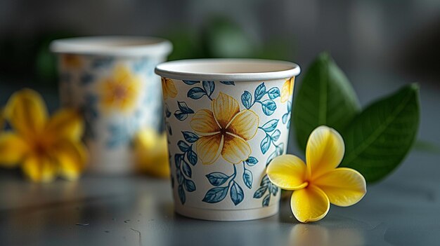 A white paper cup with blue and yellow patterns generated by ai