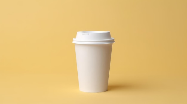 A white paper cup with a lid on it against a yellow background.