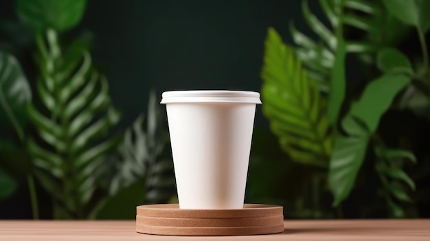 A white paper cup on a wooden coaster with a green plant behind it.