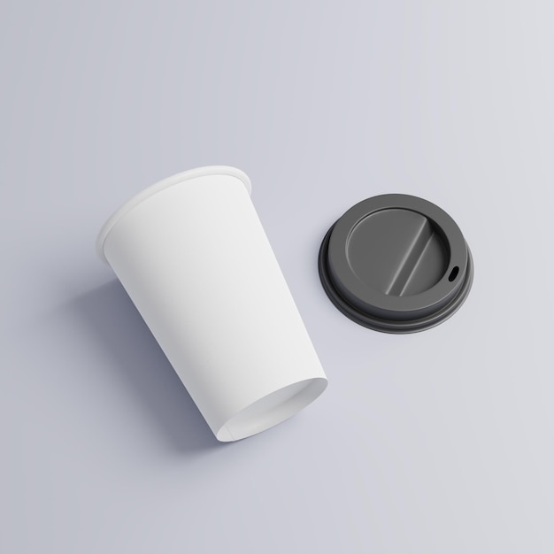 White paper cups of coffee mock up on blank background White cup lid Two cups in the air dynamical