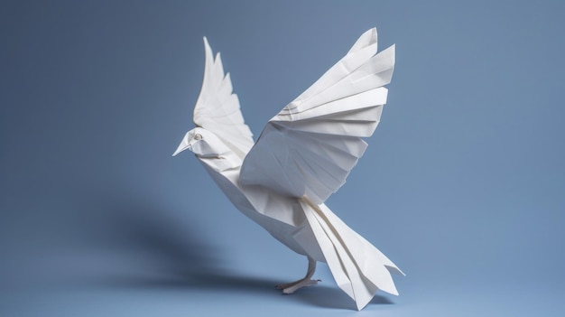 A white paper dove origami on a blank grey background
