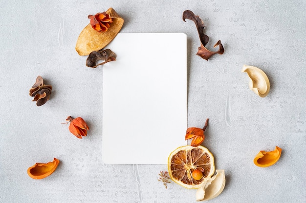 White paper and dried plants placed on a concrete plane