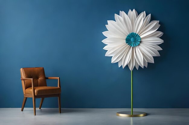 A white paper flower stands on a table next to a chair.