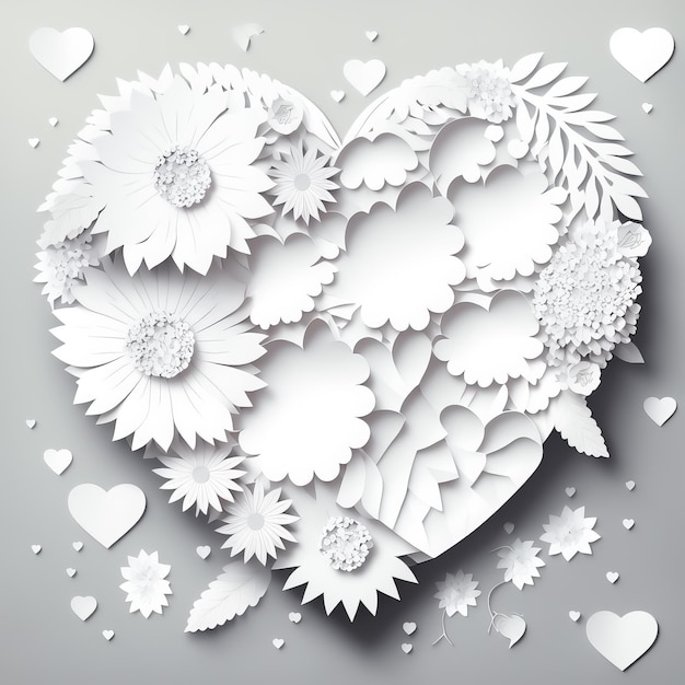 White paper heart with flower decorations paper craft flower\
background origami flower background valentine\'s day frame mother\'s\
day frame