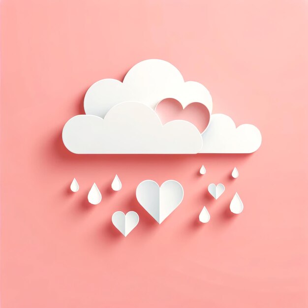 Photo white paper hearts and raindrops with cloud on pink