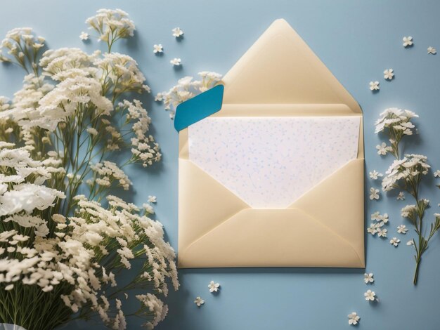 White paper list and gypsophila flowers on colorful background