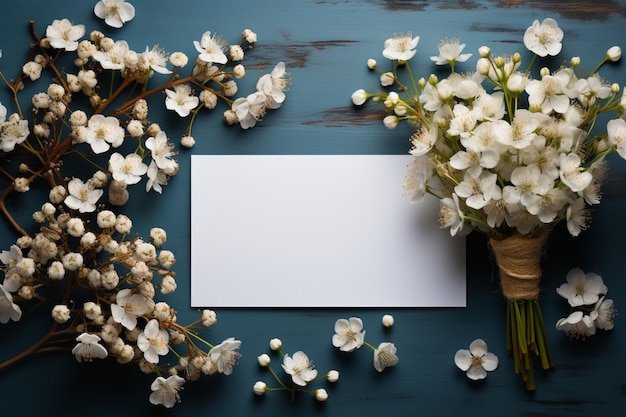 White paper list gypsophila wedding mockup blue table flat lay