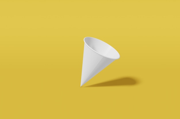 White paper mockup cup cone shaped on a yellow background. 3D rendering