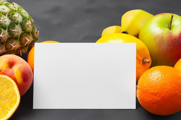 Foto mockup di carta bianca arricchito da frutta fresca che crea una festa visiva dal design sano e vivace