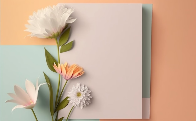 white paper on pastel background copy space with spring flowers, greeting card, invitation card