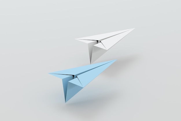 White paper plane with blue paper plane 3d rendering