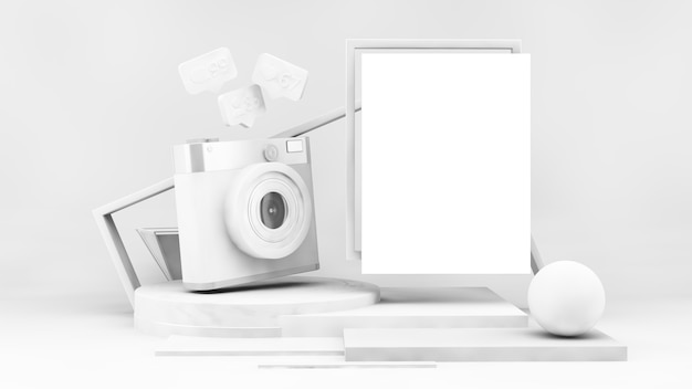 Podio di carta bianca con fotocamera per social media e mockup di poster in rendering 3d
