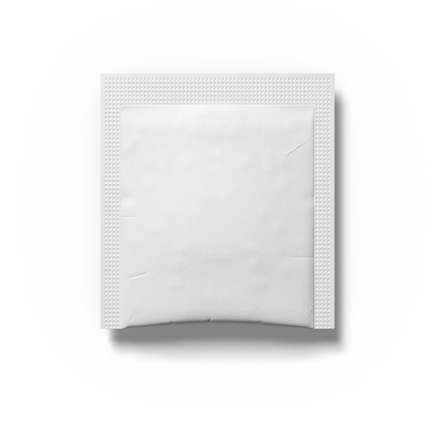 White paper square sachet pack isolated on white 3D rendering mockup