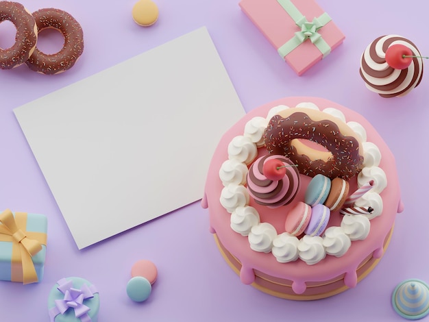 Foto carta bianca con torta di compleanno per la festa di celebrazione scatola regalo ciambella macaron buon compleanno