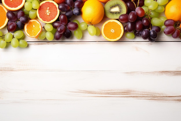 White paper with colorful citrus fruit grapes and kiwi