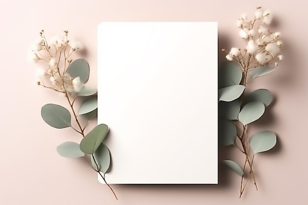 a white paper with eucalyptus leaves and flowers on a pink background generative ai